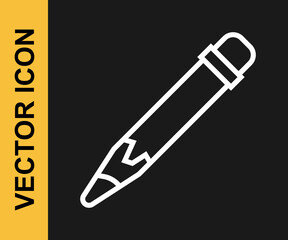 White line Pencil with eraser icon isolated on black background. Drawing and educational tools. School office symbol. Vector