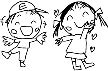 モノクロの子供が描いた子供の男女のかわいい落書き カップル 小学生 幼稚園児