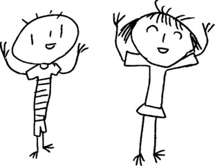 モノクロの子供が描いた子供の男女のかわいい落書き カップル 小学生 幼稚園児