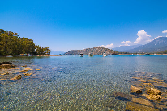 Phaselis ancient city beach and Bey Mountains on the background in Antalya