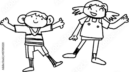 モノクロの子供が描いた子供の男女のかわいい落書き カップル 小学生 幼稚園児 Wall Mural Yuki Murata