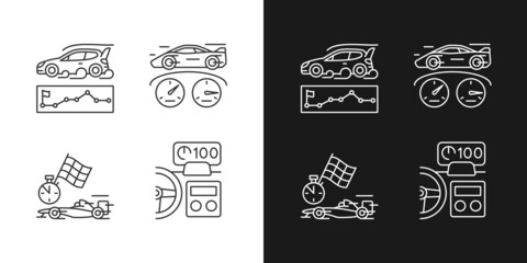 Automobiles racing for competition linear icons set for dark and light mode. Rallying event. Test car limits. Customizable thin line symbols. Isolated vector outline illustrations. Editable stroke
