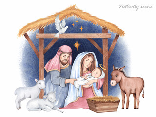 Nativity scene. Joseph and Mary with the newborn Jesus. Christmas eve. Watercolor illustration.