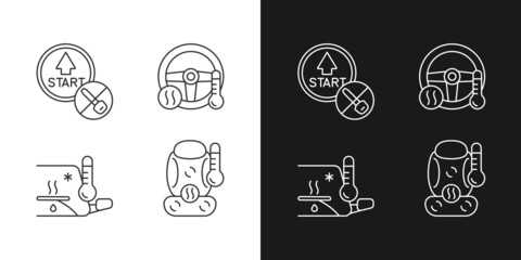 Modern automotive features linear icons set for dark and light mode. Push button start. Defrosting windows. Customizable thin line symbols. Isolated vector outline illustrations. Editable stroke