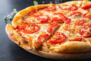 pizza margarita tomato, cheese, tomato sauce, dough Italian food fresh portion ready to eat meal snack on the table copy space food background rustic. top view