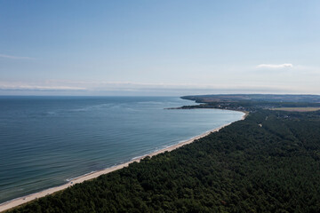 View of the forest and the sea from the drone. Aerial sea landscape.