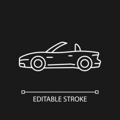 Fototapeta premium Convertible car white linear icon for dark theme. Cabriolet with retractable roof. Open top car. Thin line customizable illustration. Isolated vector contour symbol for night mode. Editable stroke