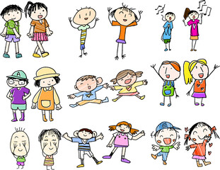 Fototapeta na wymiar 子供が描いた子供の男女のかわいい落書き カップル 小学生 幼稚園児 セット