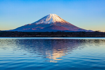 夕日を浴びた富士山　山梨県富士河口湖町の精進湖にて