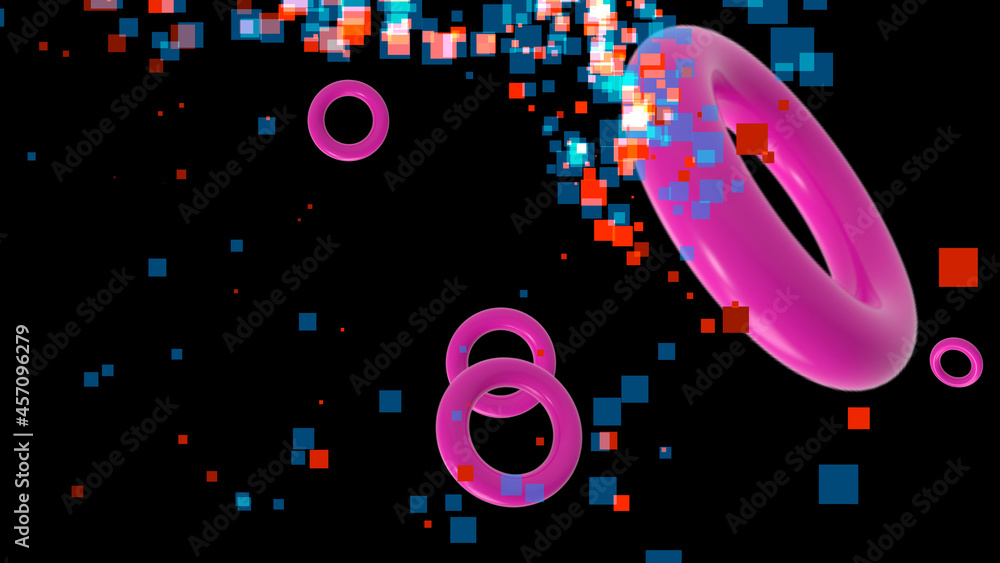 Aufkleber Futuristic technological design of flying red rings against the background of randomly rotating multicolored squares in outer space. 4K.3D. Isolated black background.