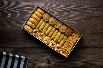 Top Of View Turkish Baklava sweet pastry with box