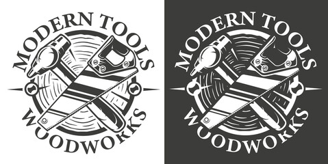 Black and white vintage emblem on the carpentry theme. Vector