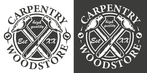 Black and white vintage emblem on the carpentry service theme. Vector