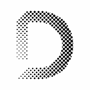 Letter D in halftone. Dotted letter illustration isolated on white background.