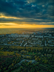 Aerial over the city in autumn at sunset. Kihinev city, Moldova republic of.