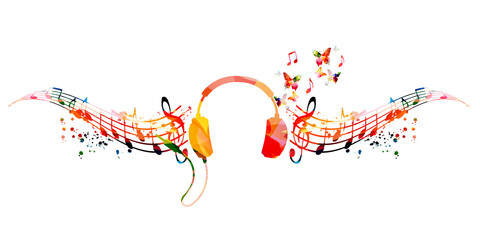 Colorful musical notes staff and headphones. Musical poster for mental wellbeing, listening music, relaxing, having fun, celebrate and enjoy vector illustration design