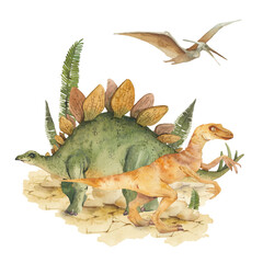 Cartoon dinosaurs illustration isolated on white background. Jurassic scene with reptiles: stegosaurus, velociraptor, pterosaur