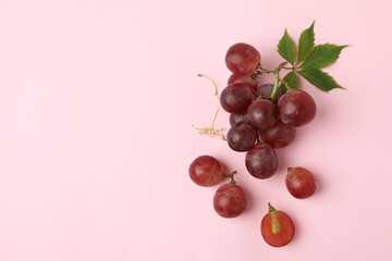 Red ripe grape on pink background, space for text