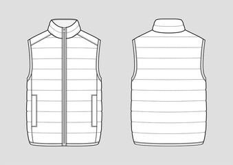 Lightweight puffer gilet. Padded vest. Technical vector sketch. Mockup template.