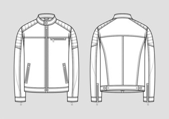 Classic leather jacket. Men's casual clothing. Cassic biker jacket. Vector technical sketch. Mockup template.