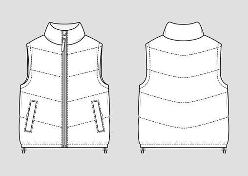 Padded Warm Gilet. Puffer Vest. Vector Technical Sketch. Mockup Template.