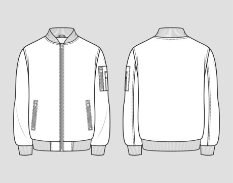 Classic bomber jacket. Men's casual clothing. Vector technical sketch. Mockup template.