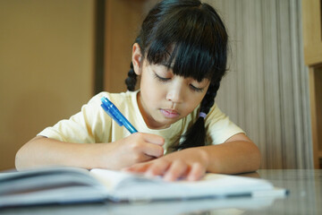 Naklejka na ściany i meble Asian student child girl writing on the paper book.