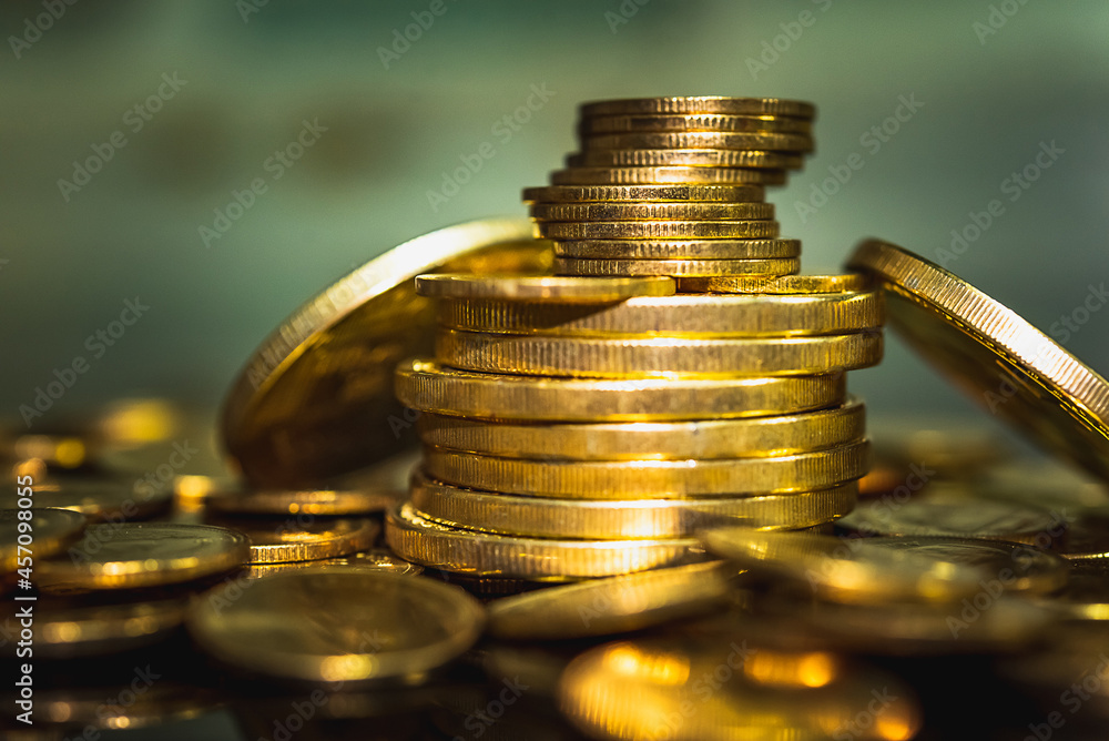 Poster gold coins stacks is representing riches and wealth management. coin stack growing and find out the 
