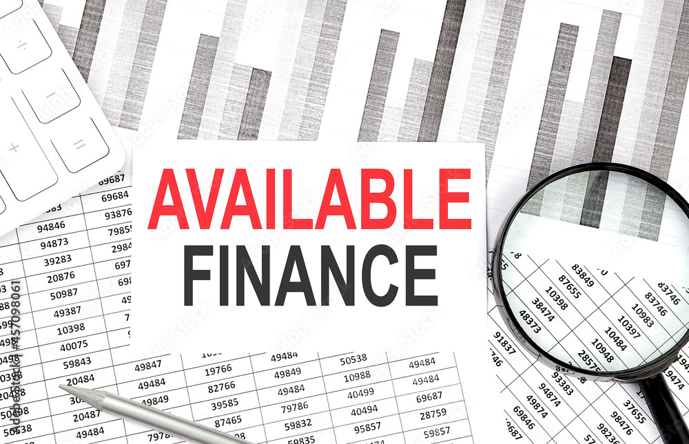 Poster available finance text on paper with calculator,magnifier ,pen on the graph background