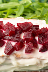 Aerial closeup of cod pudding with mayonnaise, beetroot chunks and arugula, selective focus, vertical