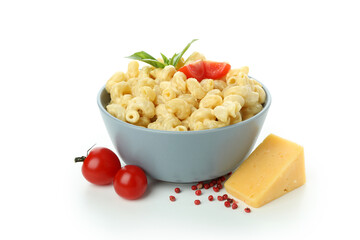 Tasty macaroni and cheese isolated on white background