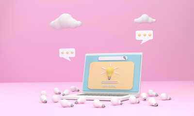 A laptop uploading creativity different from others with a light bulb as a symbol.