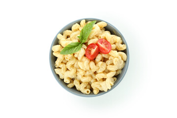 Tasty macaroni and cheese isolated on white background