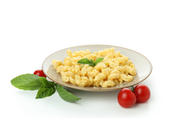 Tasty macaroni and cheese isolated on white background