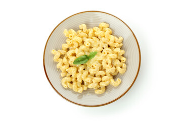 Tasty macaroni and cheese isolated on white background