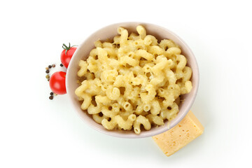Tasty macaroni and cheese isolated on white background
