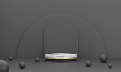 product stage marble circle podium Semicircle backdrop in a black color for product presentation.