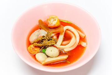 Noodles Soup with multi fish balls with white background. Asian food Noodle	
