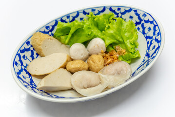 Noodles Soup with multi fish balls with white background. Asian food Noodle	
