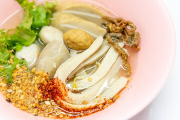 Noodles Soup with multi fish balls with white background. Asian food Noodle	
