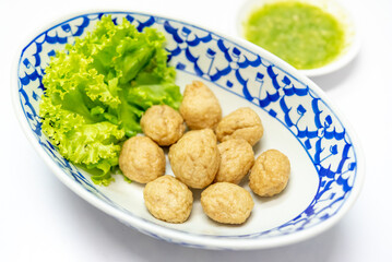 Noodles Soup with multi fish balls with white background. Asian food Noodle	
