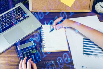 Abstract background of digital binary code of software. Programming software code on computer screen which develop by the programmer to solve the business requirement.