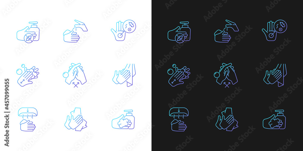 Poster hand washing steps gradient icons set for dark and light mode. removing germs from hands. thin line 