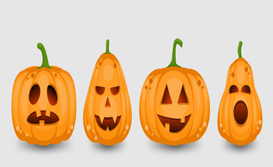 Set pumpkin on white background. The main symbol of the Happy Halloween holiday. Orange pumpkin with smile for your design for the holiday Halloween. Vector illustration.