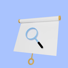 3d illustration of simple object presentation board slightly tilted view with magnifying