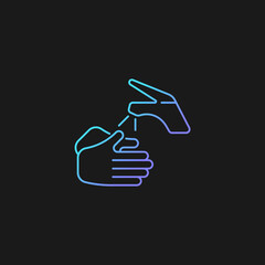 Wetting hands with water gradient vector icon for dark theme. Hygiene practice. Using warm water. Proper handwashing. Thin line color symbol. Modern style pictogram. Vector isolated outline drawing