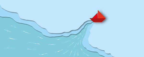 Red paper boat sailing on the blue sea as metaphor for Business target or goal success and leaders concept, Space for the text, Landscape, paper cut design style.