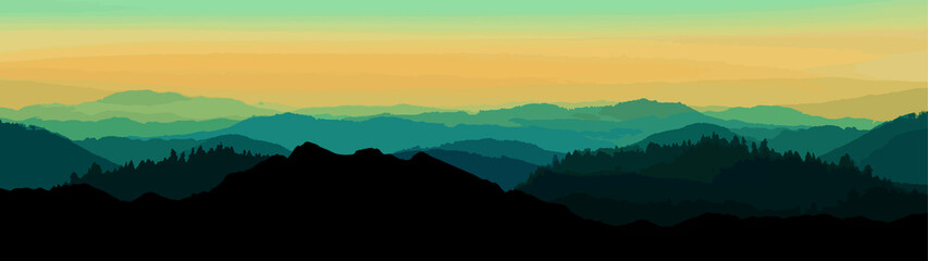 Abstract black blue yellow landscape background banner panorama illustration painting - Breathtaking view with black silhouette of mountains, hills and forest.