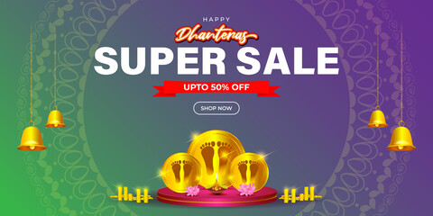 Vector Dhantera Big Sale banner, up to 50% off, lotus, diya, on beautiful bokeh background. Limited offer. assured an gift