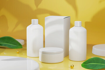 3D Rendering : illustration of blank cosmetic container mockup Cosmetic Bottle Set for liquid, cream, gel, lotion. Beauty product package, blank templates of white plastic. Decorated with Green leaf.